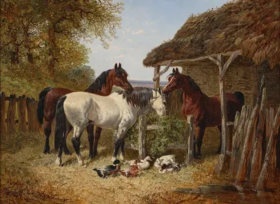 Horses and ducks in a farmyard by John Frederick Herring Jr. — digital art print download