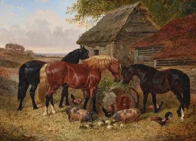 Horses and pigs in a farmyard by John Frederick Herring Jr. — digital art print download