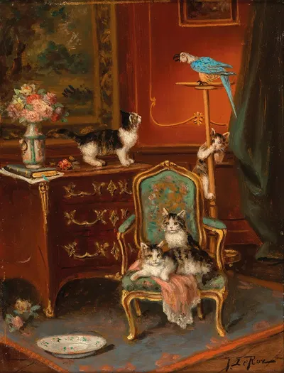 Cats Playing with a Parrot by Jules Le Roy — digital art print download
