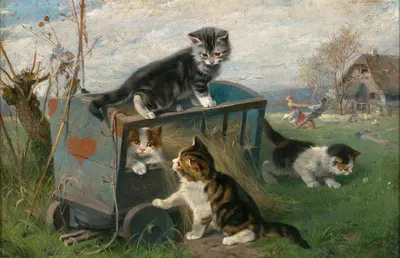 Kittens Playing on a Cart in the Meadow by Julius Adam the younger — digital art print download