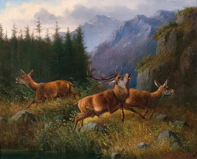 Stags in the Mountains by Мориц Мюллер, 1873 — digital art print download