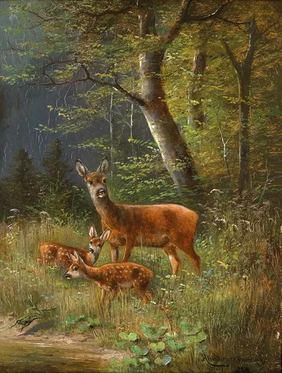 A Family of Red Deer in a Forest Glade by Мориц Мюллер, 1898 — digital art print download