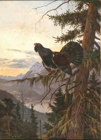 A Wood Grouse Displaying at Sunset by Отто Рекнагель, 1920 — digital art print download
