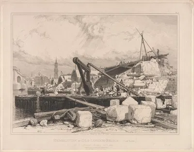 Demolition of Old London Bridge by Edward William Cooke, 1832 — digital art print download