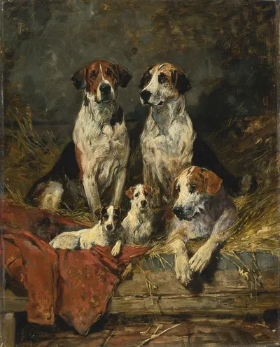Four Foxhounds and a Terrier by Джон Эмс — digital art print download