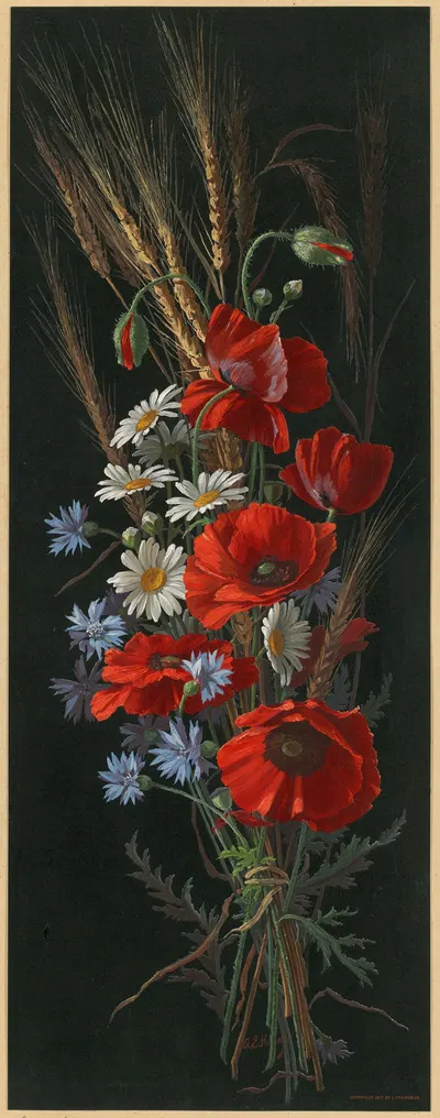 Poppy, bachelors-buttons and daisies by Annie Eliza Hardy, 1877 — digital art print download