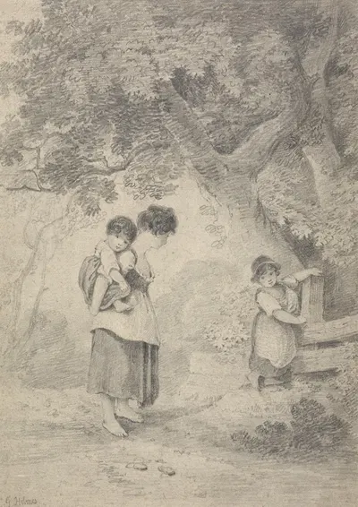 Study of a Girl with Two Children at a Stile by Джордж Холмс — digital art print download