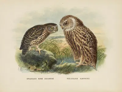 Spiloglaux Novae Zealandiae and Sceloglaux albifacies by John Gerrard Keulemans, 1873 — digital art print download