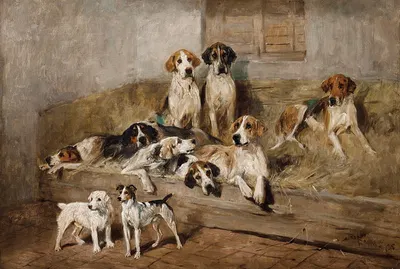 Hounds and Terriers in a Stable by Джон Эмс, 1895 — digital art print download