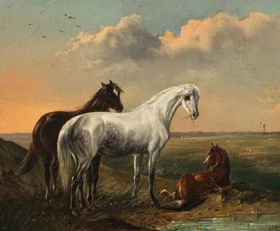 A white horse and a bay horse in a puszta landscape by Ludwig Kübler — digital art print download