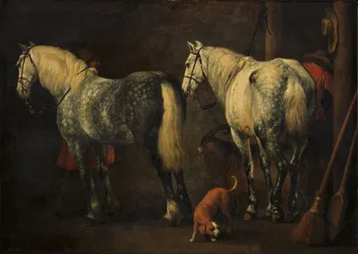 Interieur van een stal met twee appelschimmels by Абрахам Ван Кальрает — digital art print download