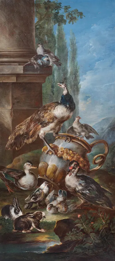 A peacock, pigeons, ducks and rabbits in an idealised landscape by Angelo Maria Crivelli — digital art print download