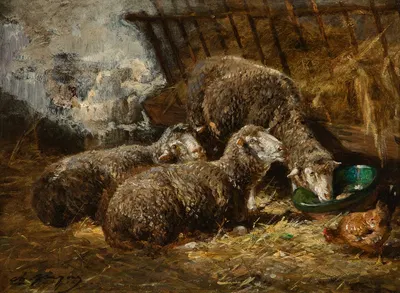 Sheep and chickens in a stable by Шарль Эмиль Жак — digital art print download