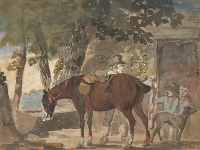 A Horse, Dog and Figures outside a Cottage by Конрад Геснер — digital art print download