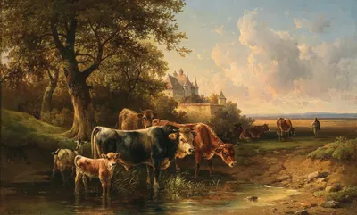 Cows near a Watering Place, in the Background a Castle by Edmund Mahlknecht, 1889 — digital art print download