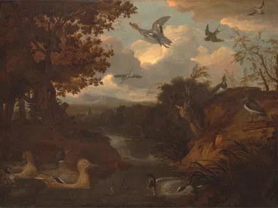 Ducks and Other Birds about a Stream in an Italianate Landscape by Francis Barlow, 1671 — digital art print download