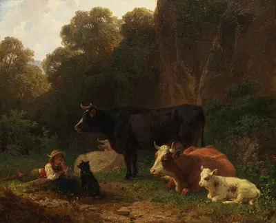 Hirtebub mit Kühen an Felsenwand by Фридрих Вольц, 1860-1880 — digital art print download