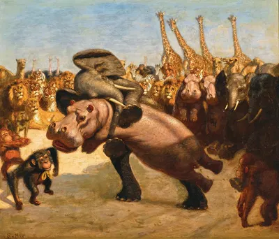 Monkeys as Referees in the Fight between an Elephant and a Hippopotamus by Gabriel von Max — digital art print download
