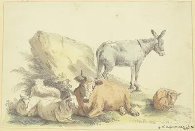 Eine Kuh, drei Schafe, ein Esel und ein Kälbchen by Georg Friedrich Ackermann, 1800 — digital art print download