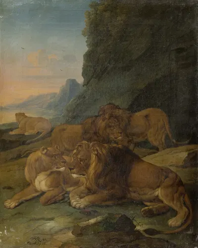 Landscape with a Lion Family by Иоганн Мельхиор Роос, 1716 — digital art print download
