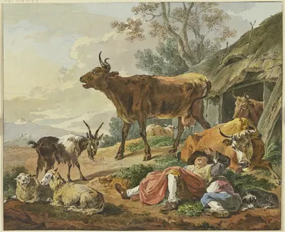 Rechts ein Stall, aus welchem zwei Kühe kommen, davor zwei schlafende Hirten mit ihrem Hund und einer Ziege by Марквард…