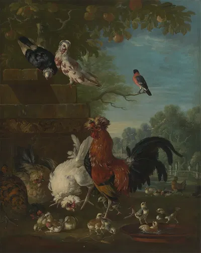 Domestic cock, hens, and chicks in a park by Питер Кастелс, 1730 — digital art print download
