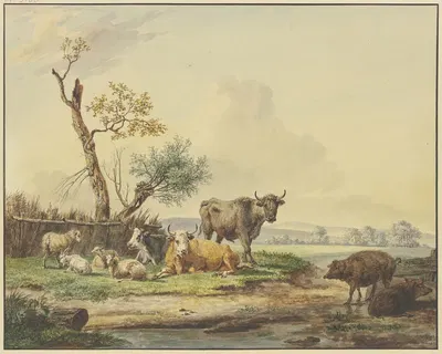 Bei einem Zaun Vieh auf der Weide, rechts zwei Schweine by Pieter Gerardus van Os — digital art print download