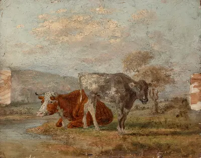 A sketch of two cows in a landscape by William Huggins — digital art print download