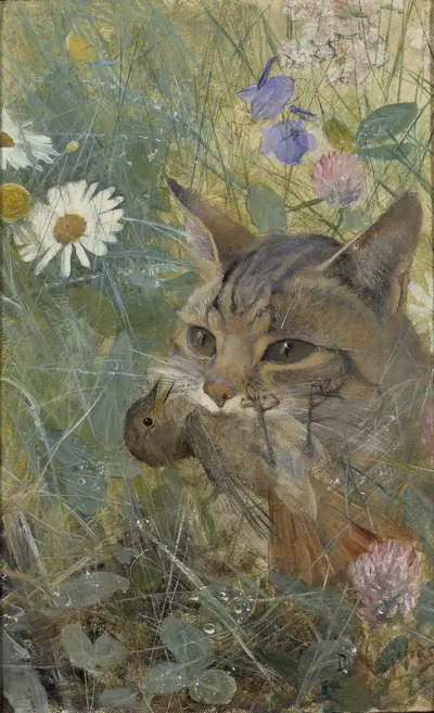 A Cat with a Young Bird in its Mouth by Бруно Лильефорс, 1885 — digital art print download