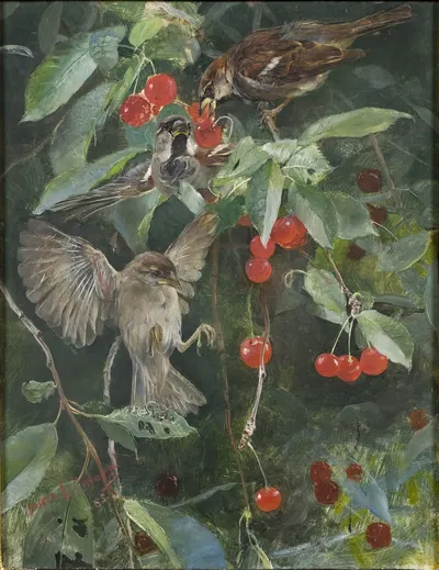 Sparrows in a Cherry Tree by Bruno Liljefors, 1905 — digital art print download