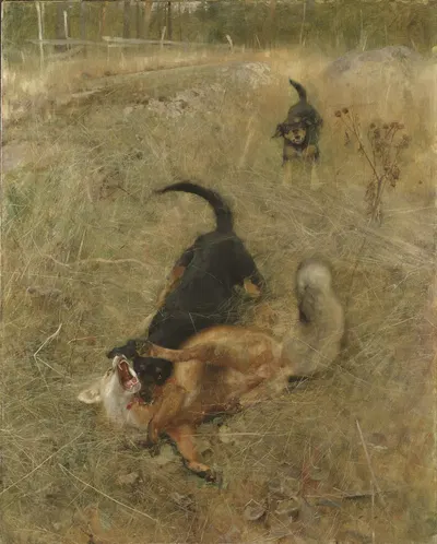 Swedish Foxhound and Fox by Бруно Лильефорс, 1885 — digital art print download