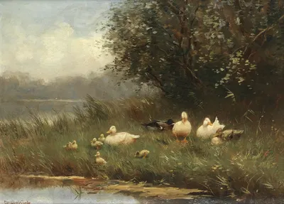 Ducks and ducklings by the waterside by Constant Artz — digital art print download