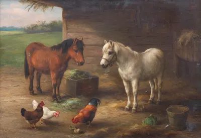 Ponies with cocks and hens by Edgar Hunt, 1930 — digital art print download