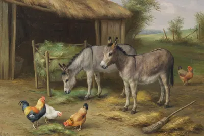 Donkeys and chickens in a farmyard by Edgar Hunt — digital art print download