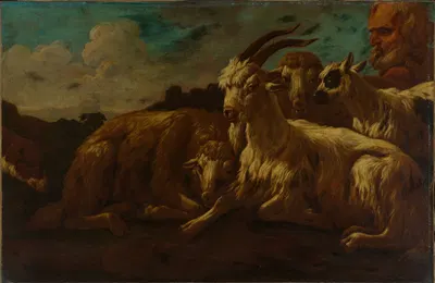 Gruppe von Ziegen und Schafen mit einem Hirt by Филипп Петер Рус — digital art print download
