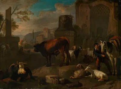Horses, cattle, sheep and goats among Roman ruins by Питер ван Блоемен — digital art print download