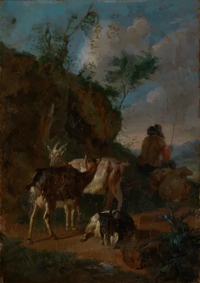 Three goats and shepherd with sheep by Питер ван Блоемен, 1673-1720 — digital art print download
