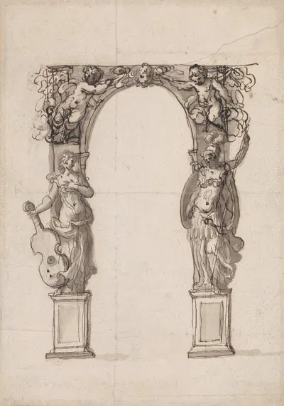 Design for a Temporary Arch Ornamented with Putti and Allegorical Figures of Music and War by Inigo Jones — digital art…