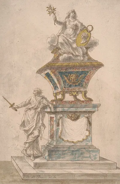 Monument: Peace seated upon an urn, a man with drawn sword standing on the base of the monument by John Devoto — digital…