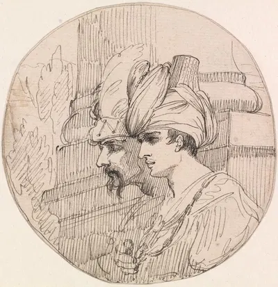 Two Heads in a Roundel by Джон Гамильтон Мортимер — digital art print download
