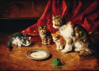 A mother cat with kittens in front of a milk bowl by Артур-Алфред Брунель де Нёвиль — digital art print download