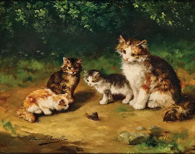 Curious kittens with snail by Артур-Алфред Брунель де Нёвиль — digital art print download