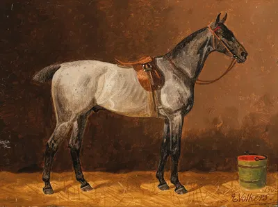 A saddled horse in a stable by Эмиль Волькерс, 1903 — digital art print download
