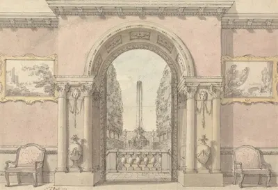 Saloon with an Arch to a Garden and Fountain by Nicholas Thomas Dall, 1771 — digital art print download