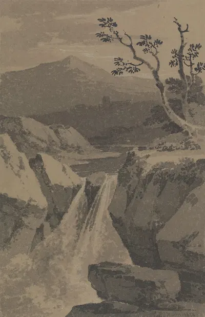 Waterfall and Distant Mountains by Пол Сэндби Манн, 1814 — digital art print download