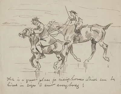 A Man and a Boy Riding on a Beach by Philip William May — digital art print download