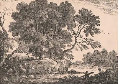 Landscape with group of trees surrounded by water, cottage on left, woman seated right foreground by Richard Cooper the…