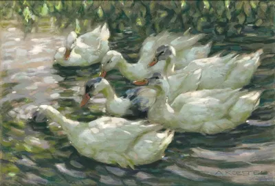Six ducks under a willow tree by Александр Кёстер — digital art print download
