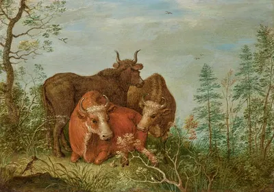 Three Cows, A Bird And A Frog In A Landscape by Гиллис Клаэсз. де Хондекотер — digital art print download