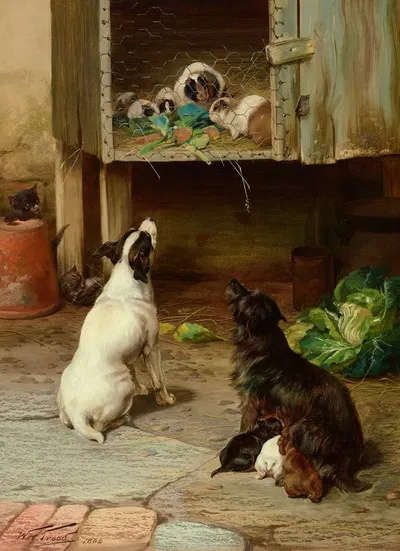 Two Terriers Studying a Hutch of Guinea Pigs by William Henry Hamilton Trood, 1888 — digital art print download
